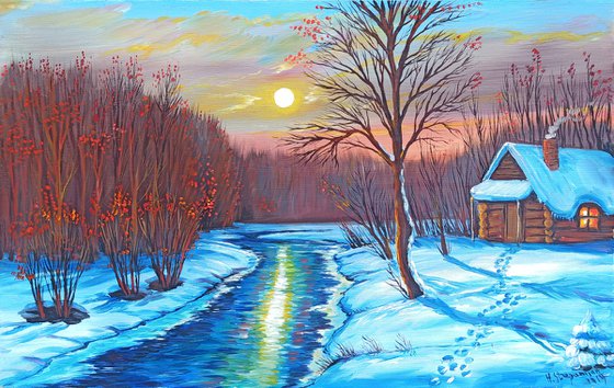 Winter dawn (40x60cm, oil painting, ready to hang)
