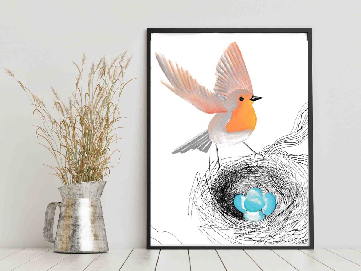 Thoughtful robin bird with nest. by Olha Gitman