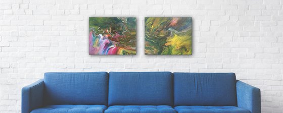 "The Road To Enlightenment" - Original PMS Abstract Diptych Fluid Acrylic Paintings On Canvas - 40" x 16"