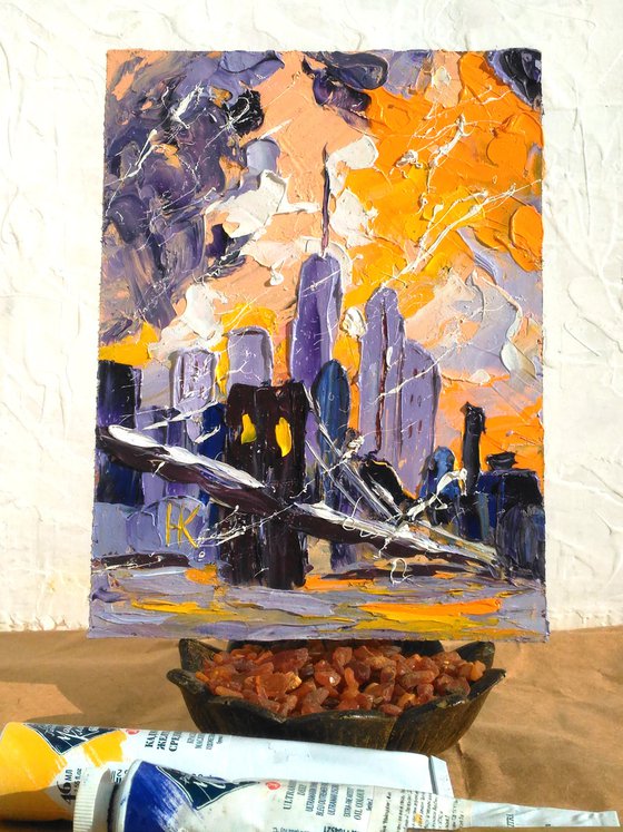 NYC Painting Cityscape Original Art New York Small Oil Impasto Pallete Knife Artwork Home Wall Art 6 by 8" by Halyna Kirichenko