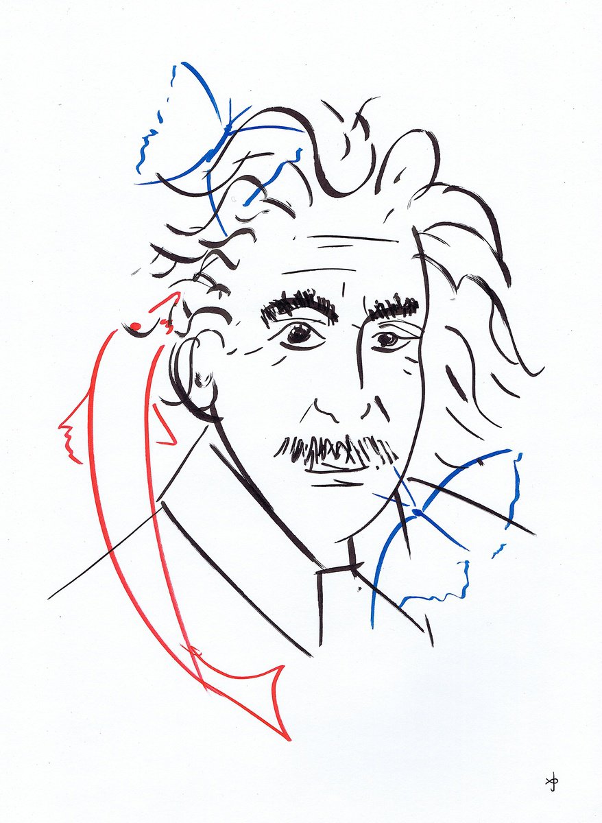 Expressive Portrait Ink Drawing By David Jones, 11 X 15, Together - Einstein #001, Original Artwork