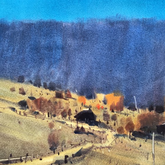 Watercolor autumn landscape in Carpathian