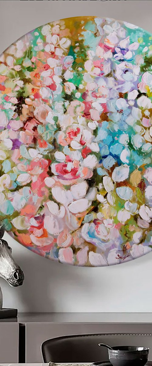 Сolorful flowers oil painting. Floral picture on round canvas by Annet Loginova