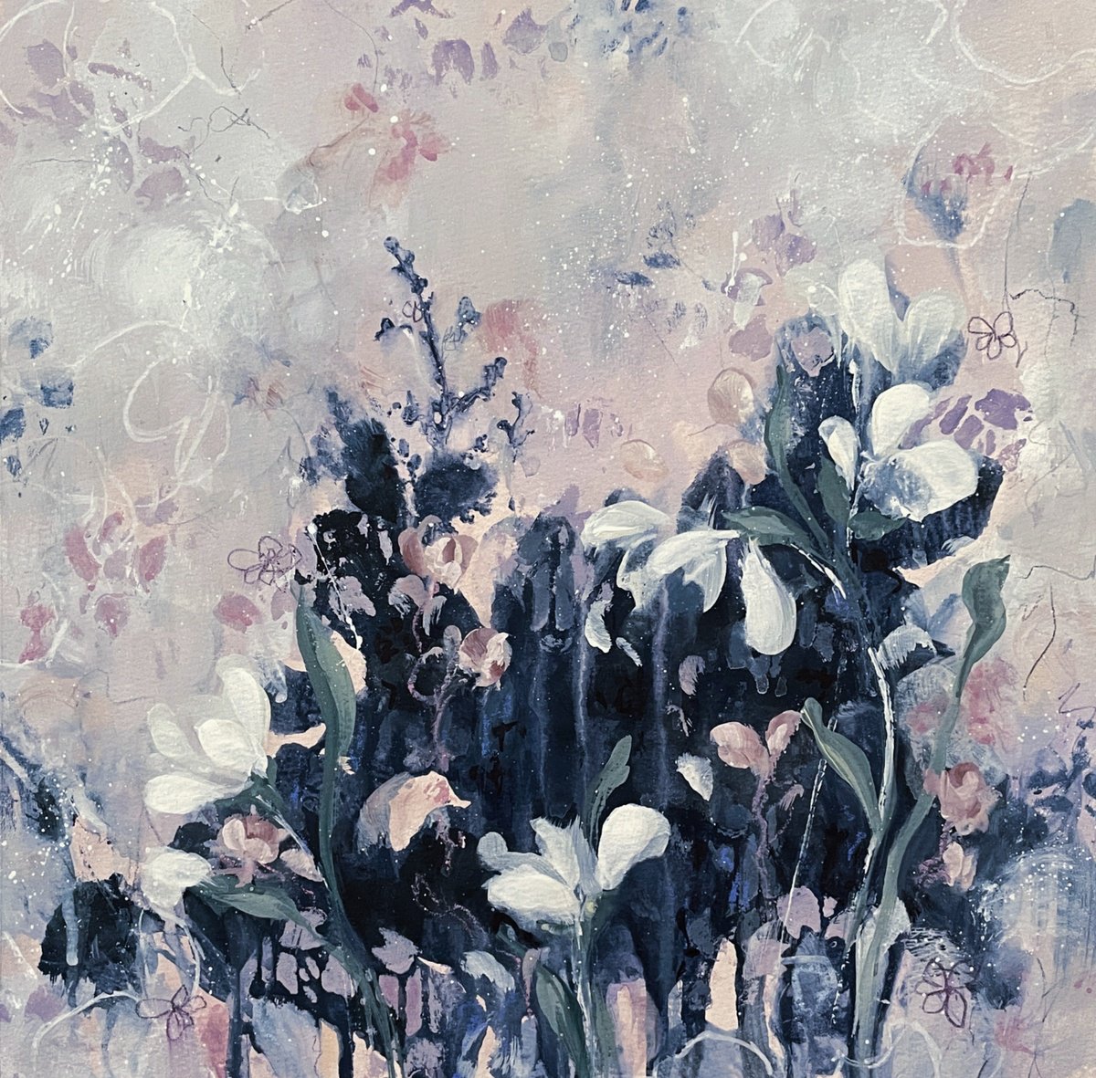 Organic Botanical Acrylic Painting By Nicole Esposito Woodall, 12 X 12", Fairytale Ballet Ii, Original Artwork