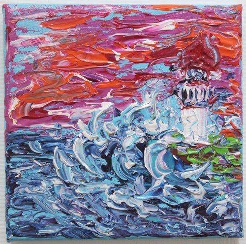 You are a Splashing Joy For Me- Original Acrylic Palette Knife Textured Painting on Stretched Canvas HomeDecor Wallart LightHouse Sea by Vikashini Palanisamy
