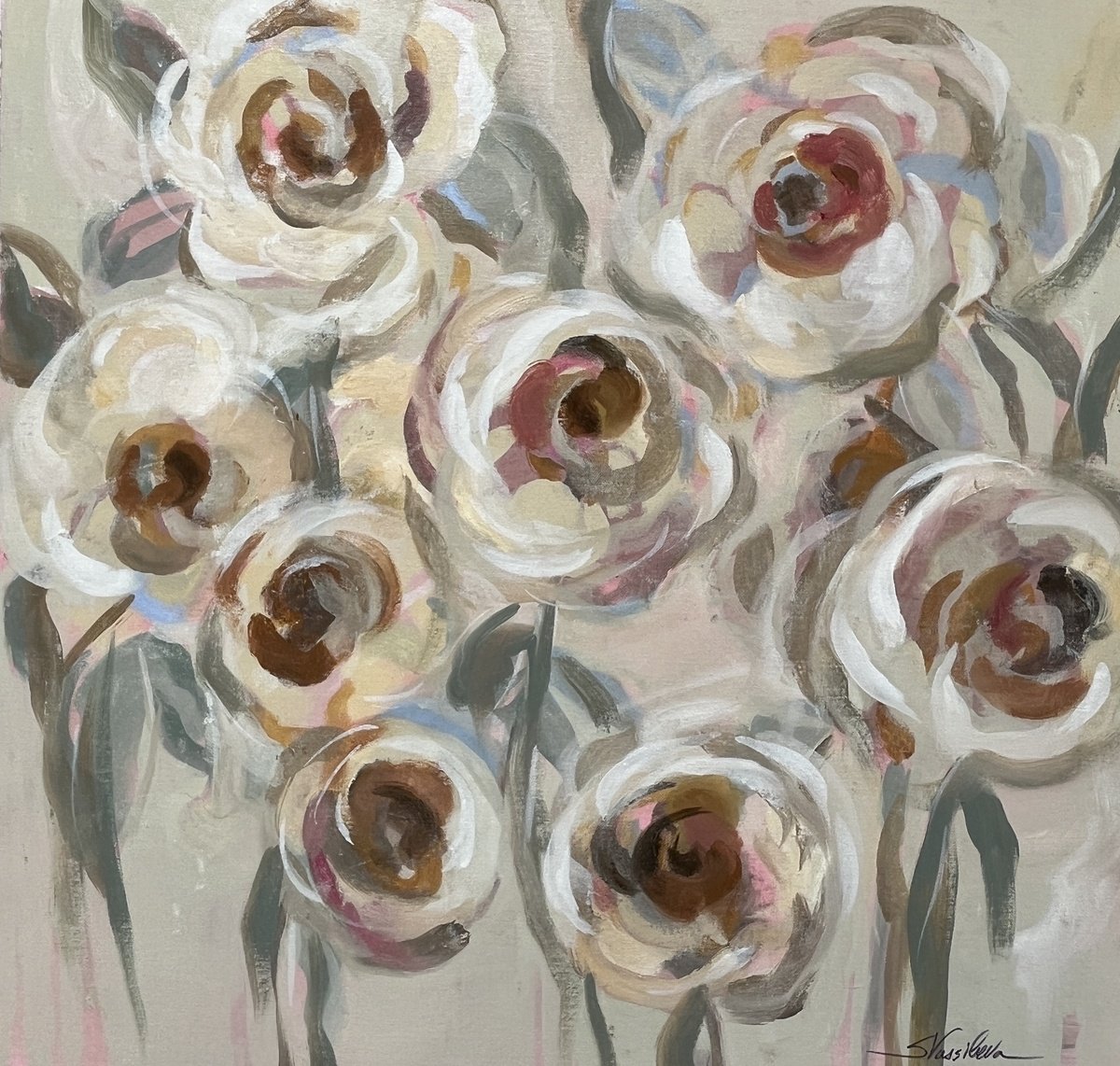 Expressive Botanical Acrylic Painting By Silvia Vassileva, 26 X 26", White And Blush Flowers, Original Artwork