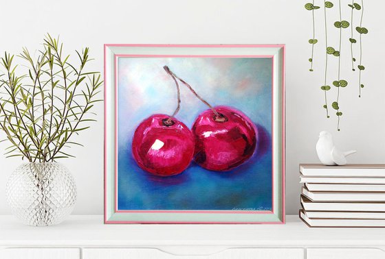 Cherry Painting Original Art Fruit Artwork Berries Still Life Wall Art Couple Cherries Painting