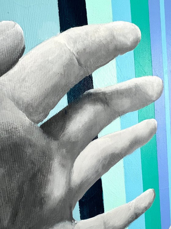 I hear all the voices | Large square painting with monochrome hands on a blue background