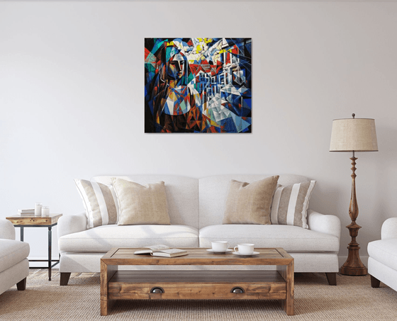 Waiting (90x80cm, cubism, oil painting, ready to hang)