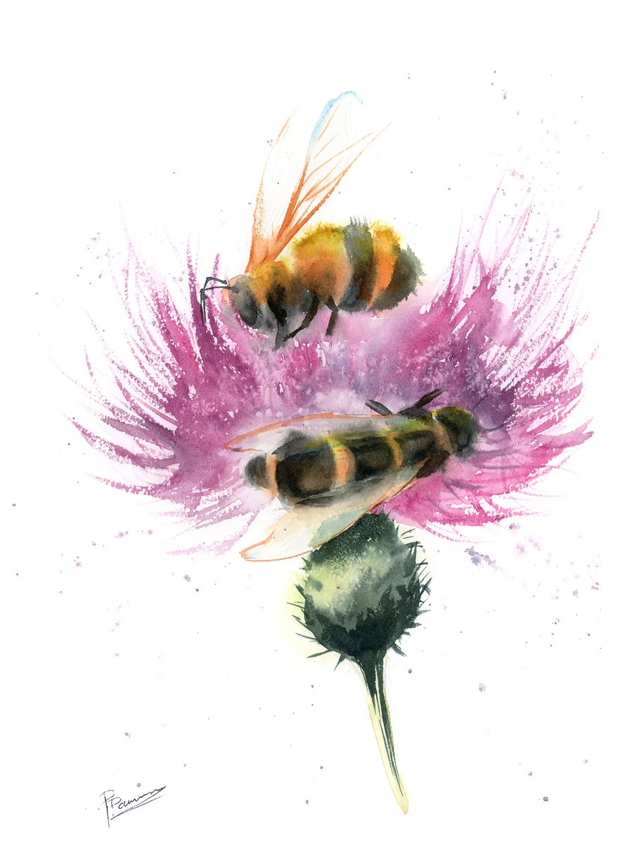 Expressive Botanical Watercolour By Olga Tchefranov (Shefranov), 11 X 15", Bees And Thistle, Original Artwork