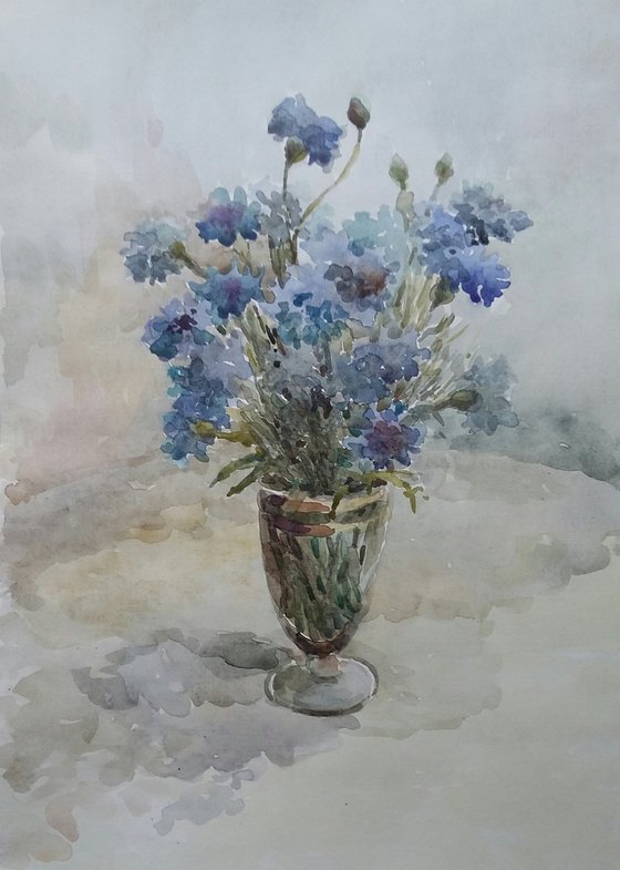 Cornflowers. Original watercolour painting.