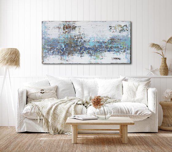 TOUCH OF SPRING * 63" x 31.5" * ABSTRACT TEXTURED ARTWORK ON CANVAS * WHITE * BLUE