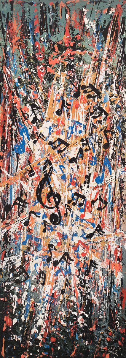 Abstract Oil Painting By Ruben Ghulyan, 10 X 27", Melody Burst, Original Artwork