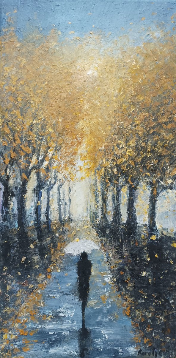 Impressionistic Landscape Oil Painting By Maria Karalyos, 12 X 24", Passing Through Autumn, Original Artwork