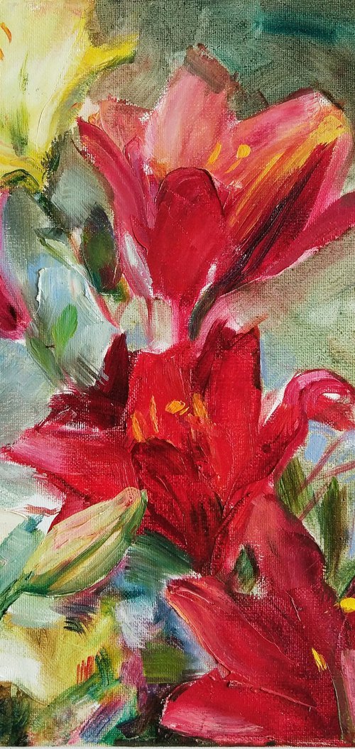 Lilies. Summer moments. Original plein air oil painting by Helen Shukina