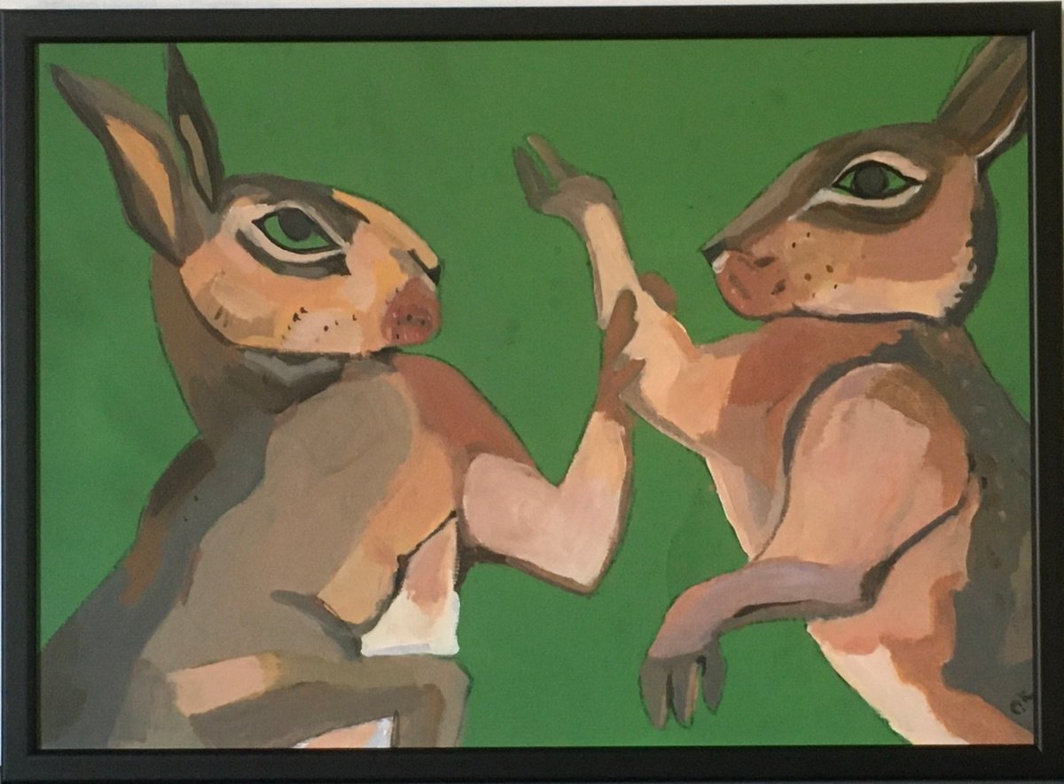 Impressionistic Animal Painting By Chihiro Kinjo, 17 X 13, Boxing Hares, Original Artwork