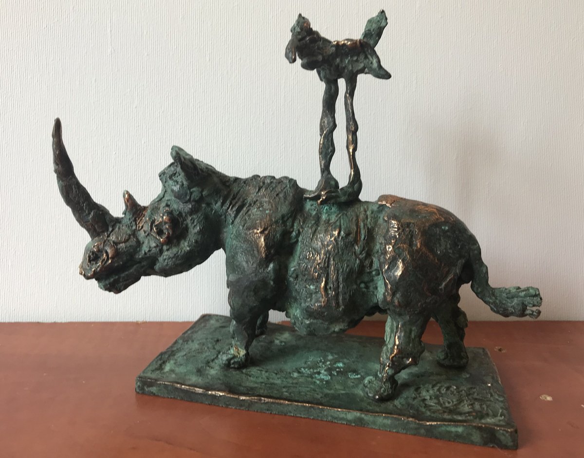 Surrealistic Animal Bronze Sculpture By Toth Erno, 8 X 7", Rhino And Bird, Original Artwork