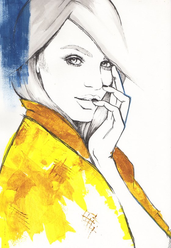 fashion illustration in acrylic blue and yellow woman female model