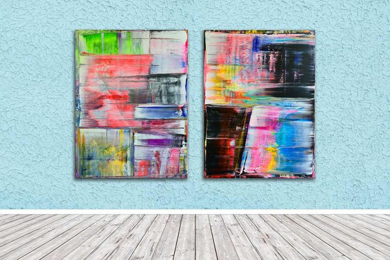 "Meet Me Halfway" - Original PMS Large Abstract Acrylic Painting Diptych On Canvas - 60" x 40"