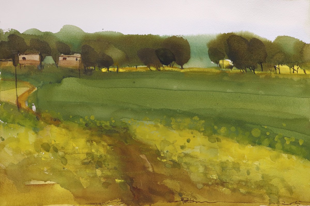 Impressionistic Landscape Watercolour By Prashant Prabhu, 22 X 15", Indian Summer Evening, Original Artwork