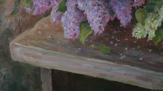 Lush Bouquets Of Lilacs On The Bench In The Garden - original floral spring oil painting on canvas