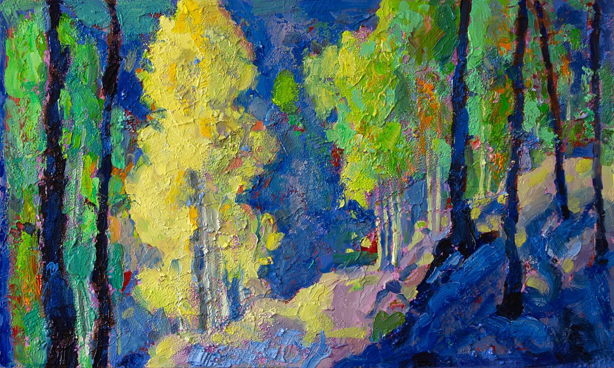 Impressionistic Landscape Oil Painting By Daria Zavadenko, 20 X 12, Sunbeam Among Trees, Original Artwork