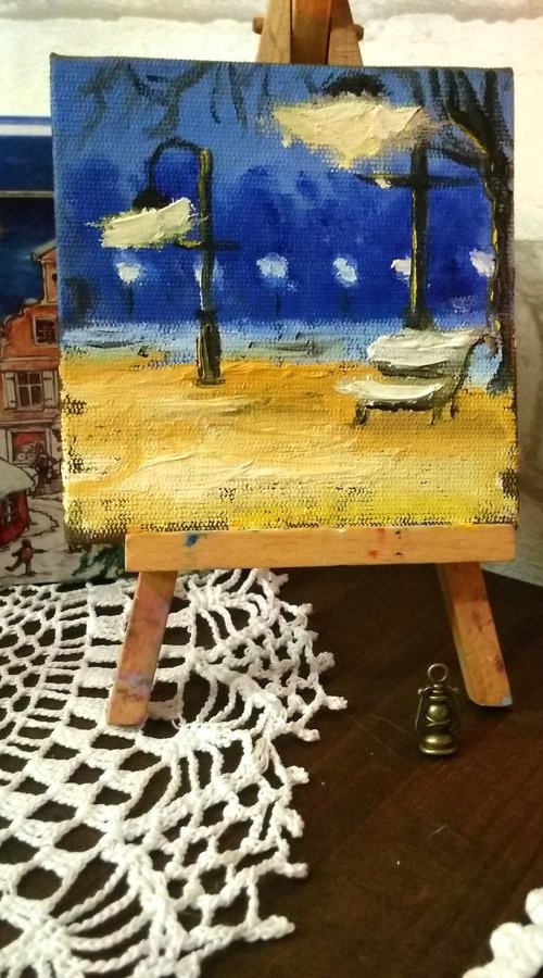 Night In winter park miniature painting by Dmitry Fedorov