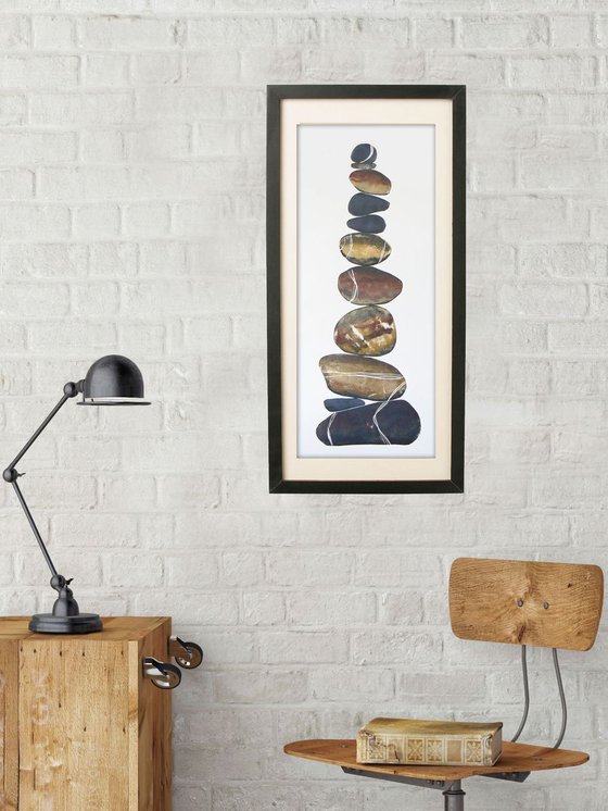 Zen stones - Eleven stones #1  (50 cm - banded balancing stones lino/monoprint)