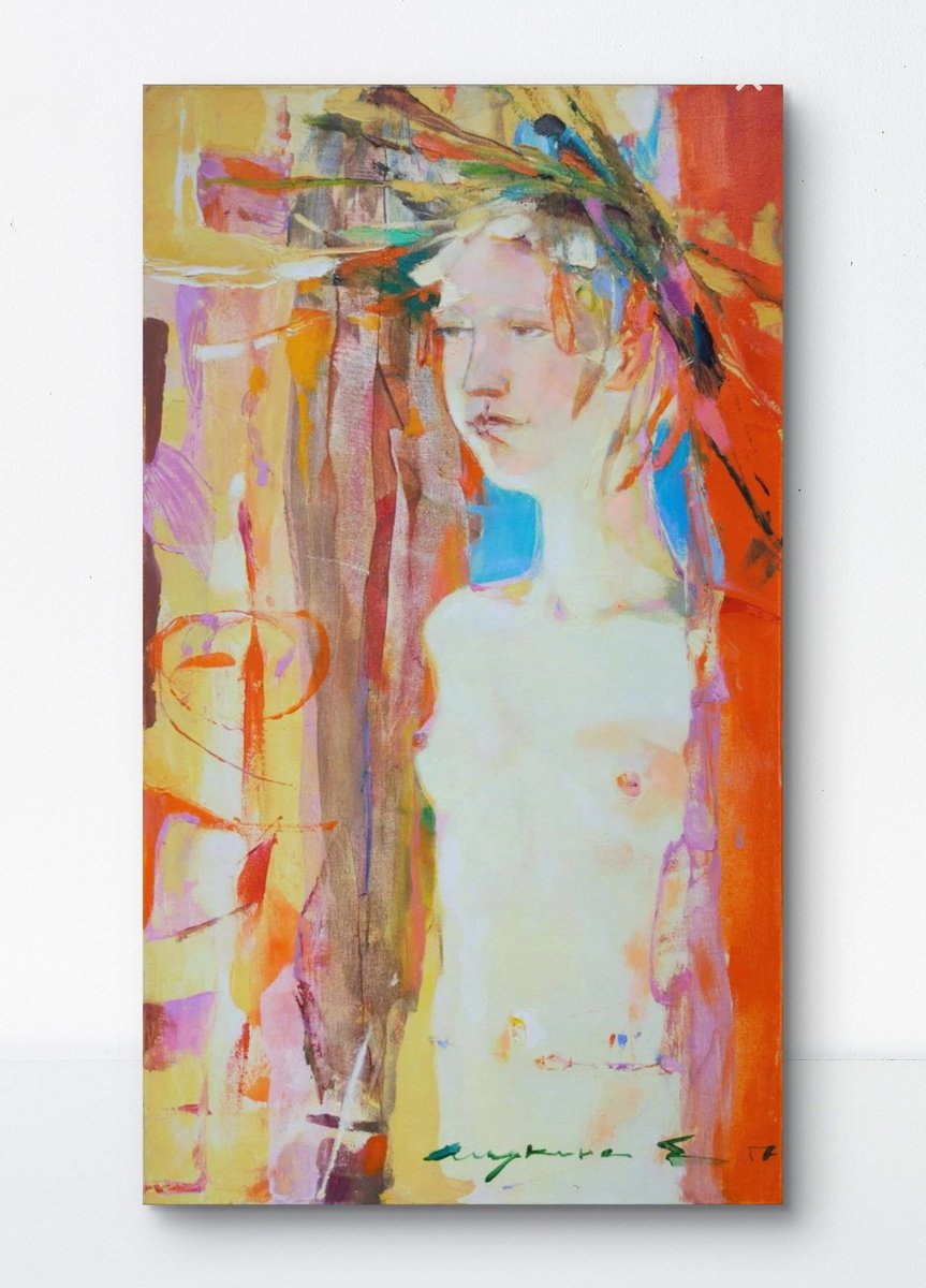 Expressive Portrait Oil Painting By Helen Shukina, 16 X 28, Helga. Girl And Sun, Original Artwork