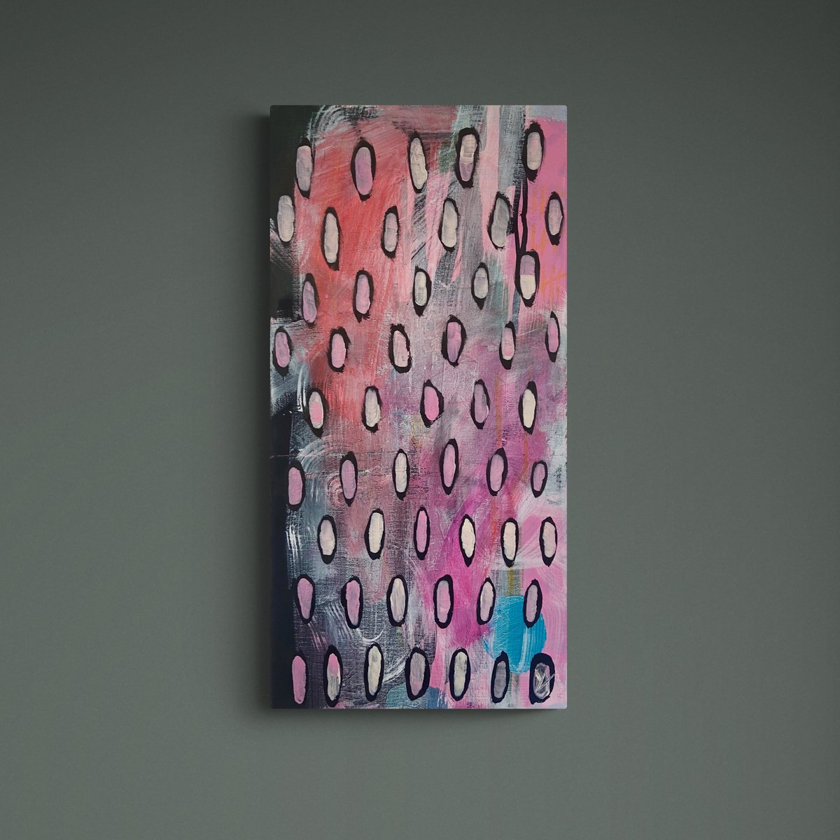 DAILY DOSE- a vertical painting, pink, black and white, circles, modern by Yulia Ani