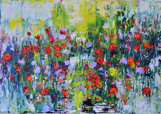 Flowers in the Morning - Palette knife  Modern abstract landscape Gift idea