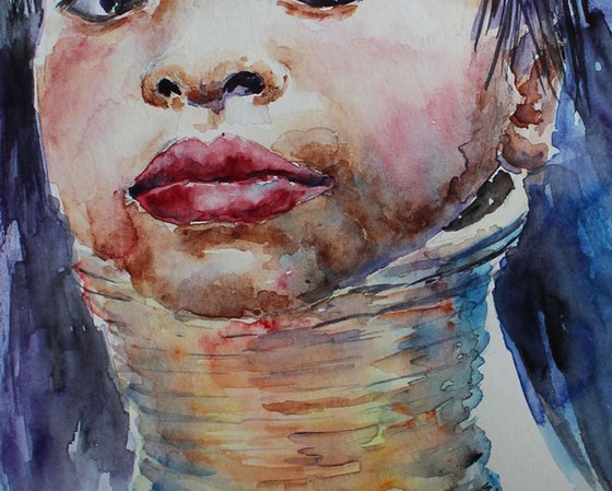 Karen Hill Tribe: Original Watercolor Portrait - Exotic Thailand Girl Artwork A4 size - Unframed Art, Signed Painting - Sad Watercolor Face - Wall Decor