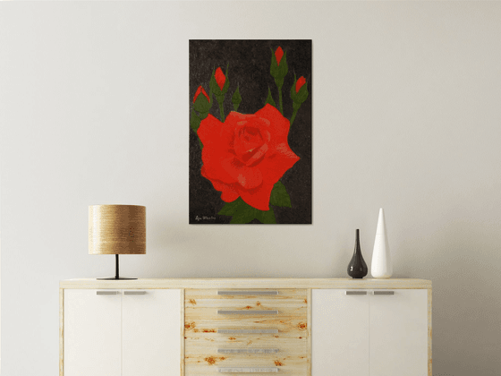 A Twinkle - large, modern red rose floral painting, gift idea, home, office decor