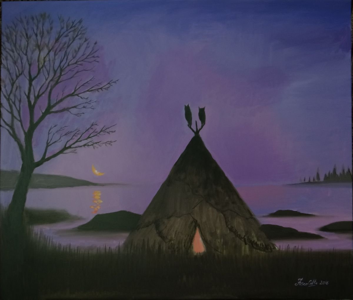 Naive Oil Painting , Landscape With A Wigwam By Fosco Culto, 28 X 24, Artwork For Sale On Artfinder