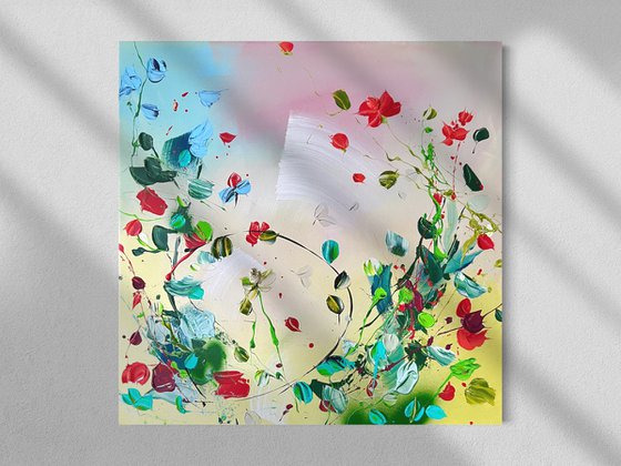 Structure impasto acrylic painting with abstract flowers 60x60cm "Silent Bloom"