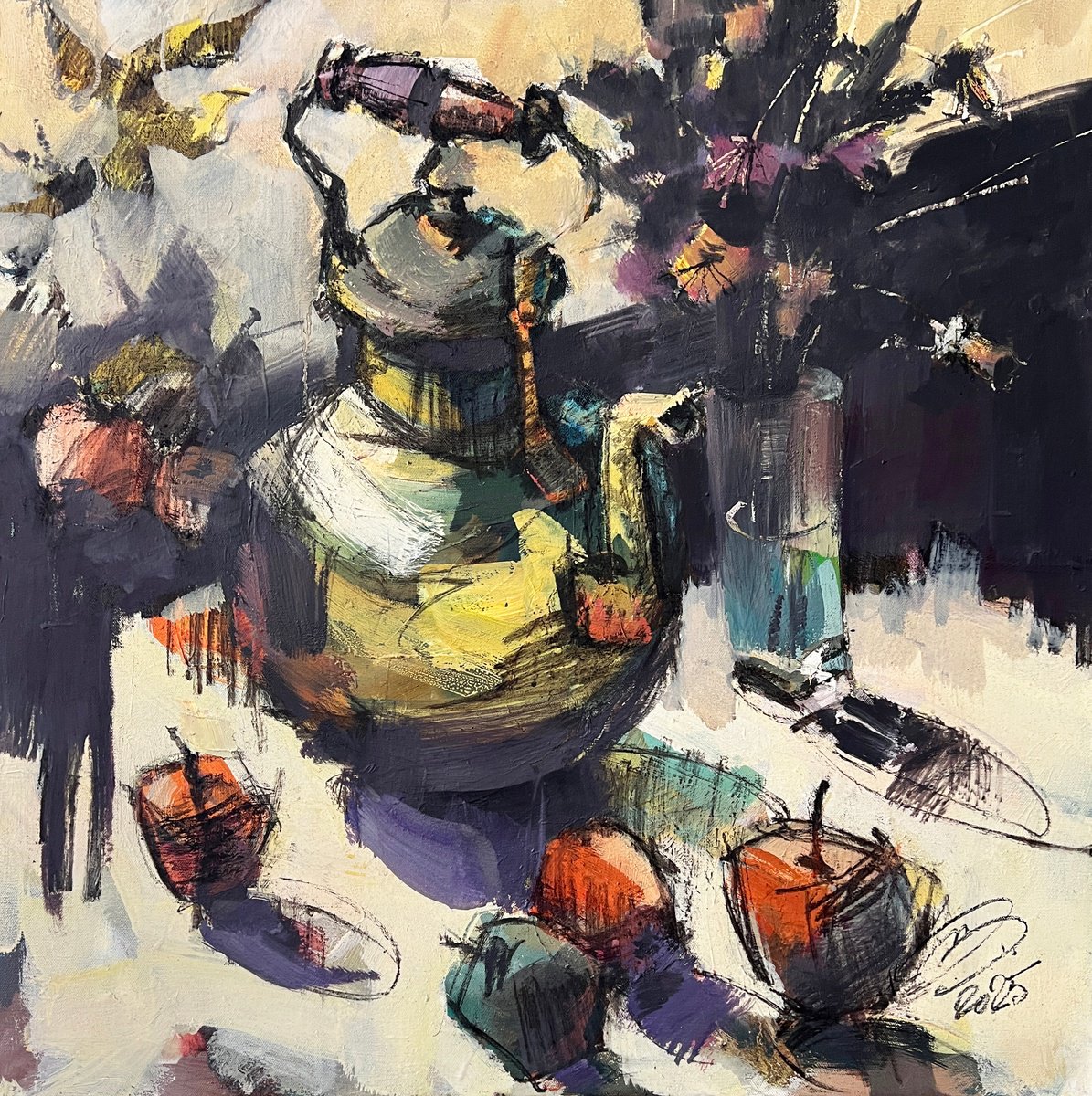 Expressive Botanical Oil Painting By Igor Yuryev, 28 X 28, Iron Teapot, Original Artwork