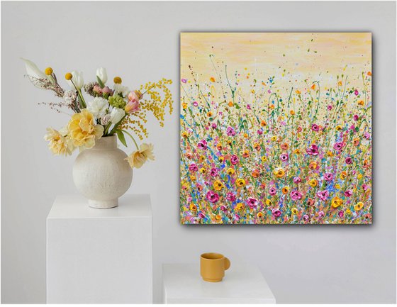 Sunshine Meadow - Textured Floral Painting, Palette knife art