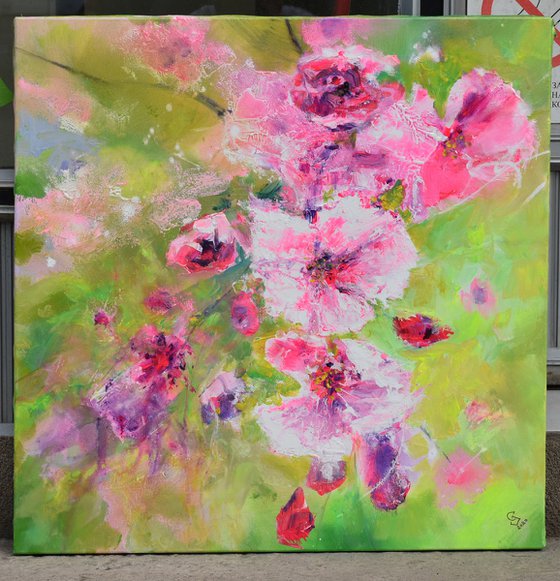 " Cherry Flowers in Light Greens "  SPECIAL PRICE !!!