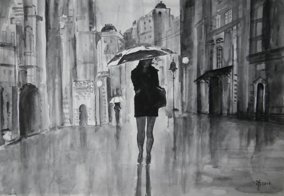 Illustrative Cityscapes Watercolour By Zoran Mihajlovic Muza, 17 X 12", Beauty With A Rain, Original Artwork