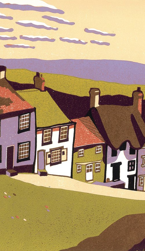 Gold Hill, signed original linocut print, Limited Edition by Cecca Whetnall