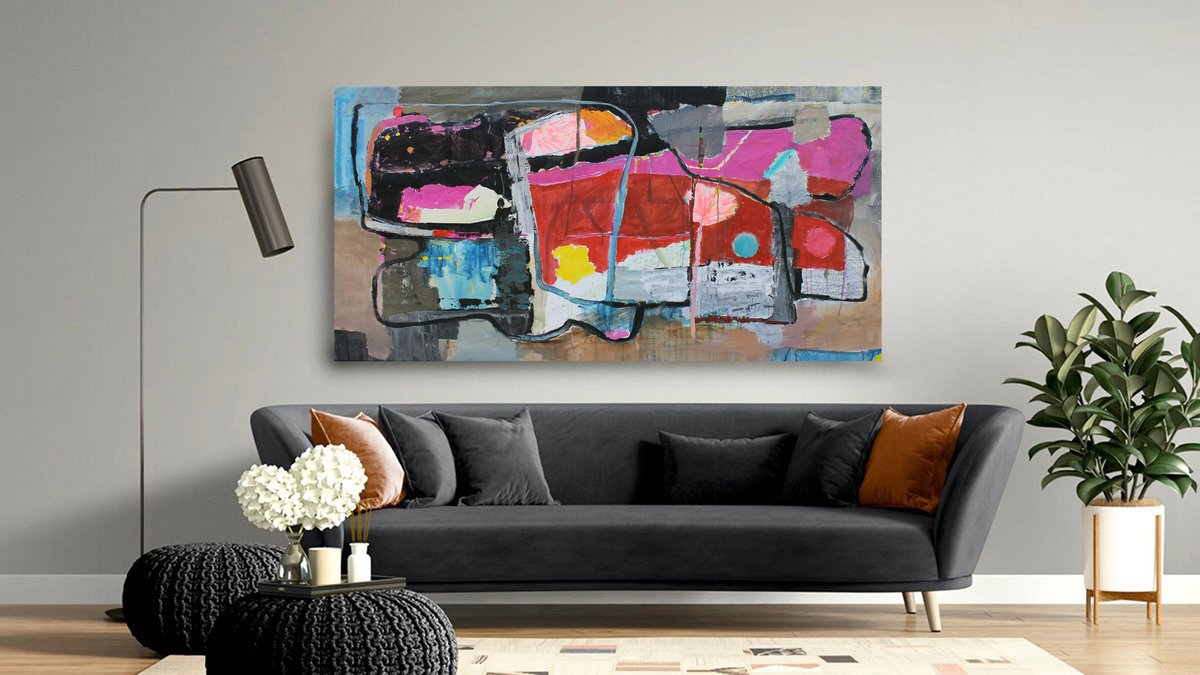 Geometric Abstract Acrylic Painting By Sergiy Dekalyuk, 81 X 39", Composition 24. Black, Red, White, Original Artwork
