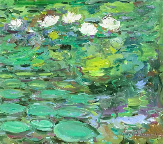WATERLILY POND. LANDSCAPE - original oil painting, waterscape, plein air, summer, waterlily garden, love 70x60