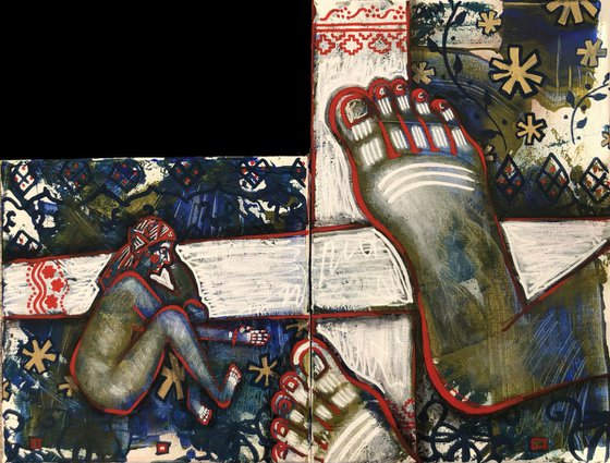 «Rethinking” small green and red painting | Ukrainian contemporary folk art