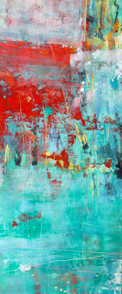 Red and turquoise cold wax by Laura Spring