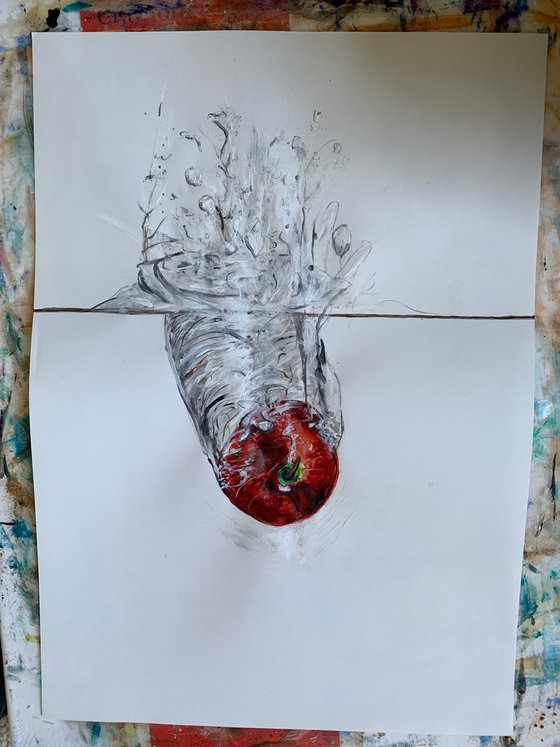Red Apple Falling through Water Acrylic Painting Realistic Water Artwork On Paper Home Decor Gift Ideas