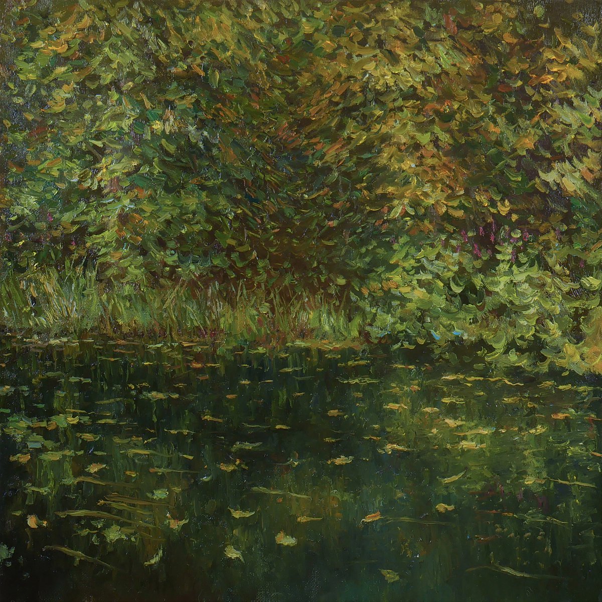The Autumn Backwater - sunny river landscape painting by Nikolay Dmitriev