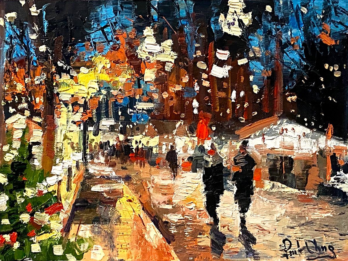 Impressionistic Cityscapes Oil Painting By Paul Cheng, 12 X 9", Seasonal Lights And Colors, Original Artwork