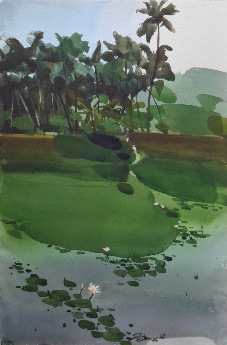 Impressionistic Landscape Watercolour By Prashant Prabhu, 12 X 18", Green Grass, Lotus Pond, Original Artwork