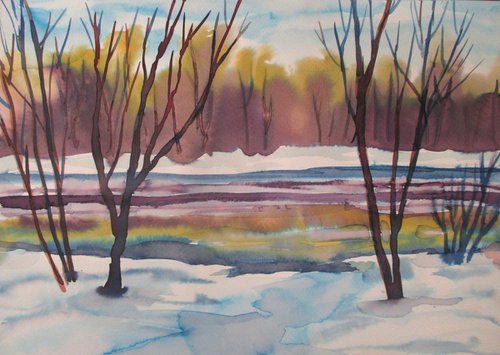 Winter landscape - watercolor painting by Julia Gogol