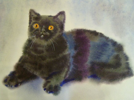 Black Cat, watercolor painting 30x42 cm